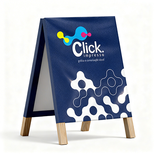 Cavalete de madeira, com lona 60cm x 90cm, 2 faces 4x0, impressão digital.